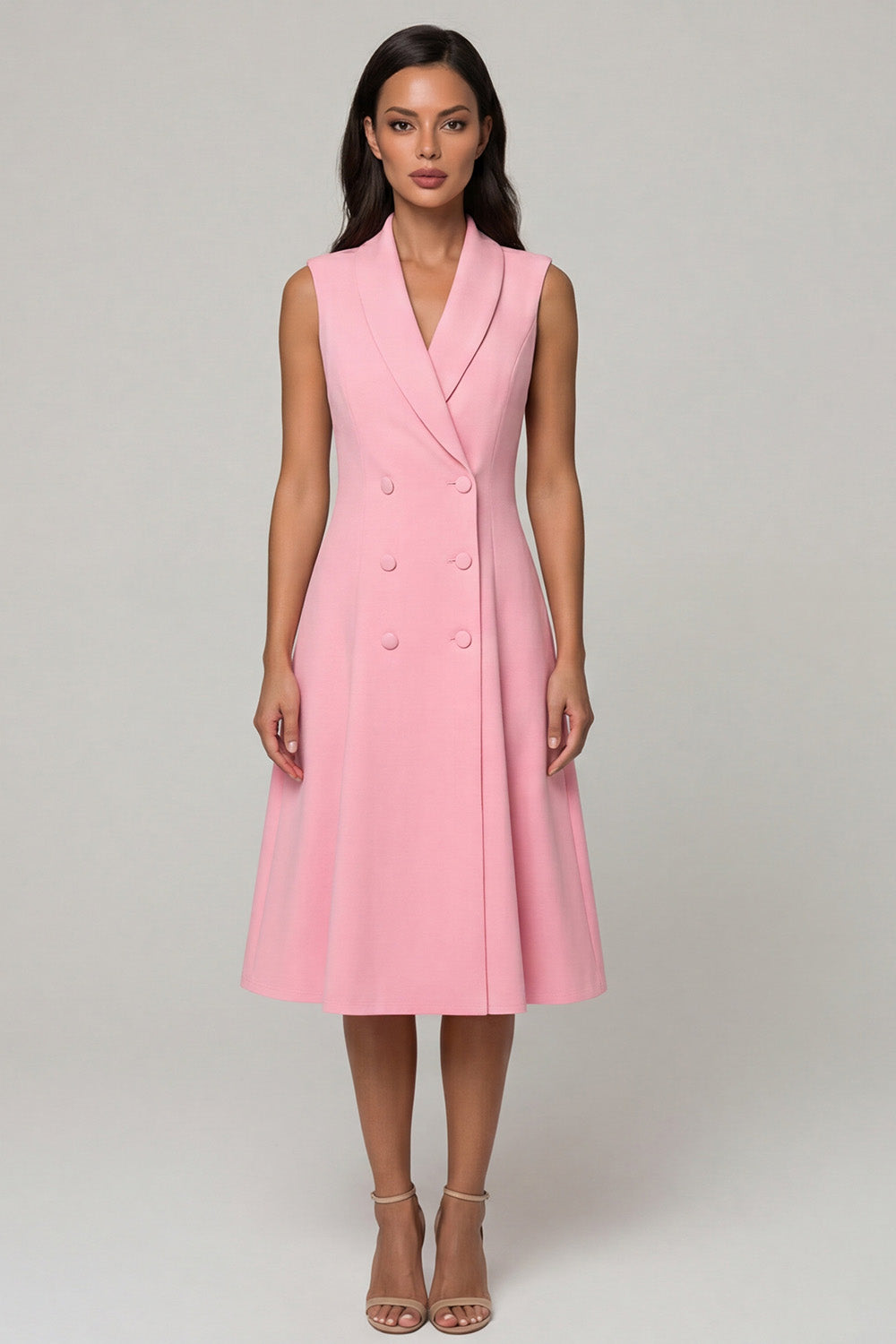 Pink Shawl Lapel A Line Double Breasted Midi Work Dress