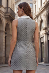 Polka Dot Notched Lapel Grey Bodycon Work Dress
