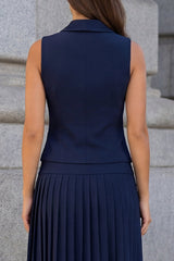 Shawl Lapel 2 Piece Pleated Navy A Line Midi Work Dress