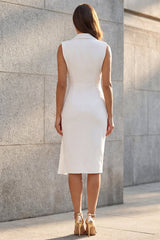 Notched Lapel Ruched White Bodycon Midi Work Dress