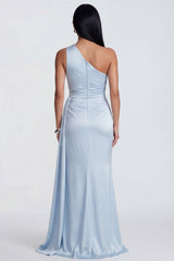 Sky Blue One Shoulder Mermaid Formal Dress with Side Streamer