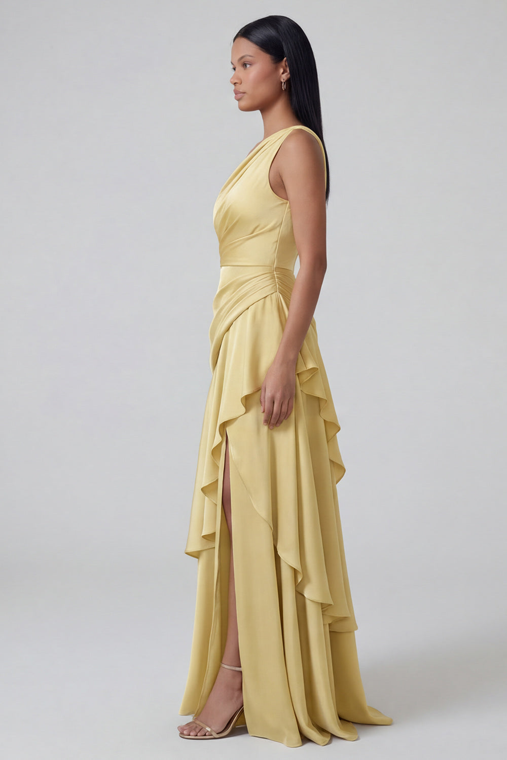 Yellow Tiered One Shoulder Ruffled Formal Dress with Slit