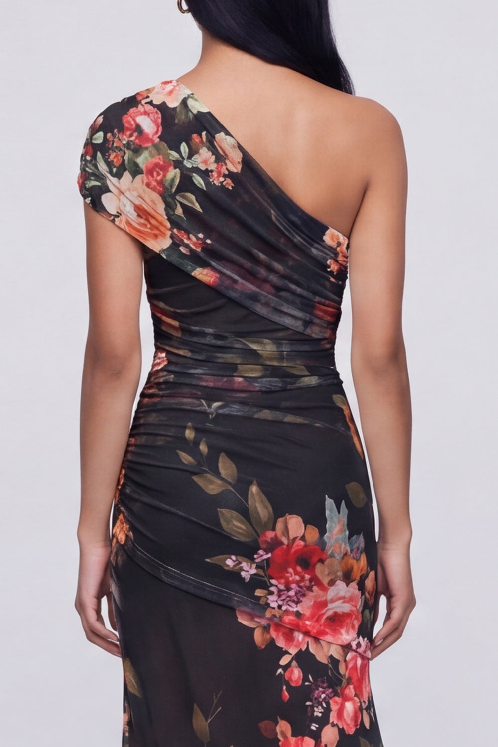 Champagne One Shoulder Floral Mermaid Wedding Guest Dress with Slit