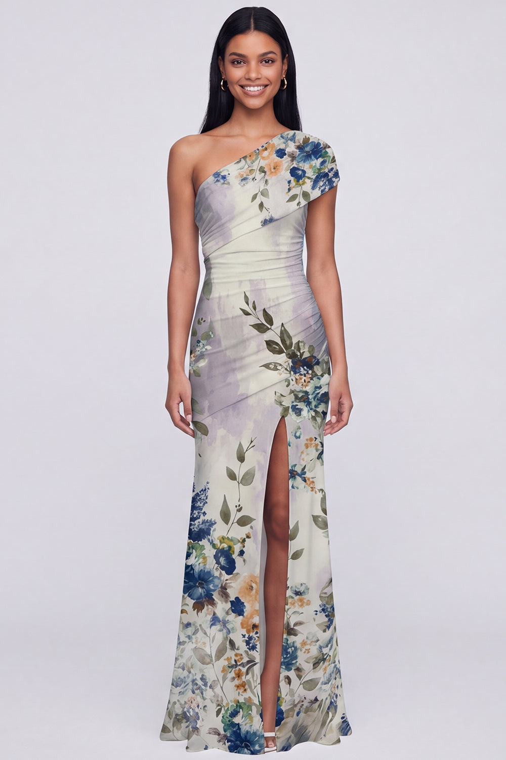 Champagne One Shoulder Floral Mermaid Wedding Guest Dress with Slit