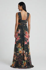 Black A Line Floral Long Wedding Guest Dress with Slit
