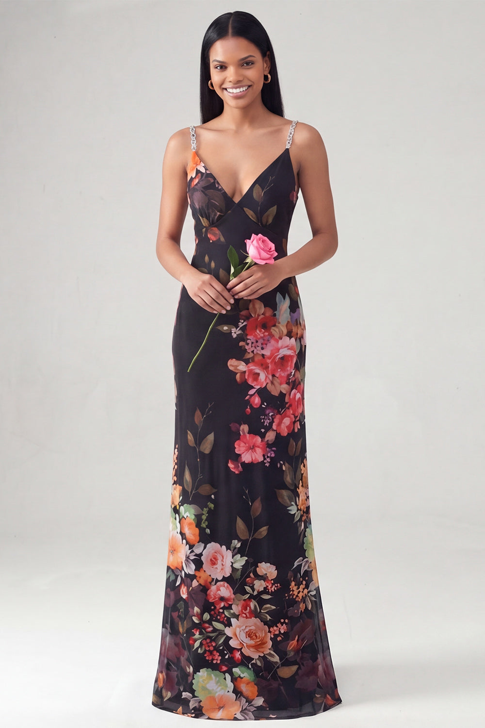 Mermaid V-Neck Black Floral Long Wedding Guest Dress