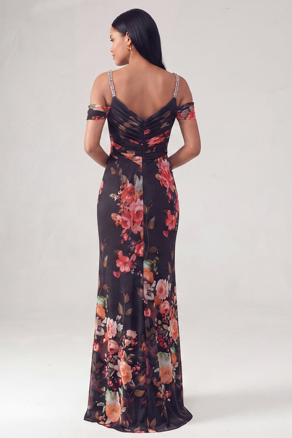 Floral Black Cold Shoulder Ruched Wedding Guest Dress