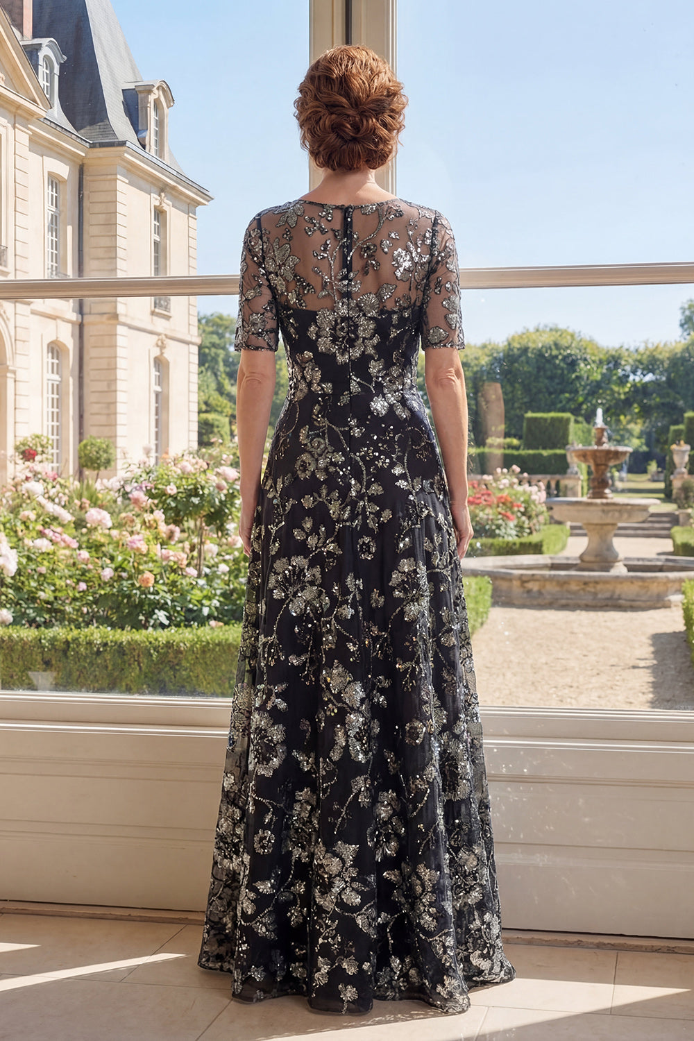 Black Short Sleeve Appliqued A Line Mother of the Bride Dress