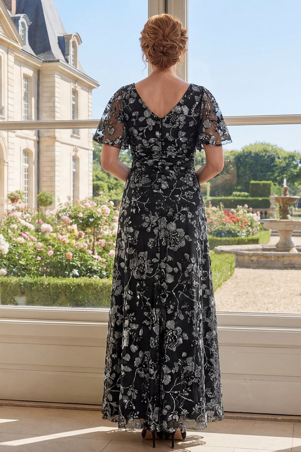 Black Appliqued A Line Ruched Mother of the Bride Dress