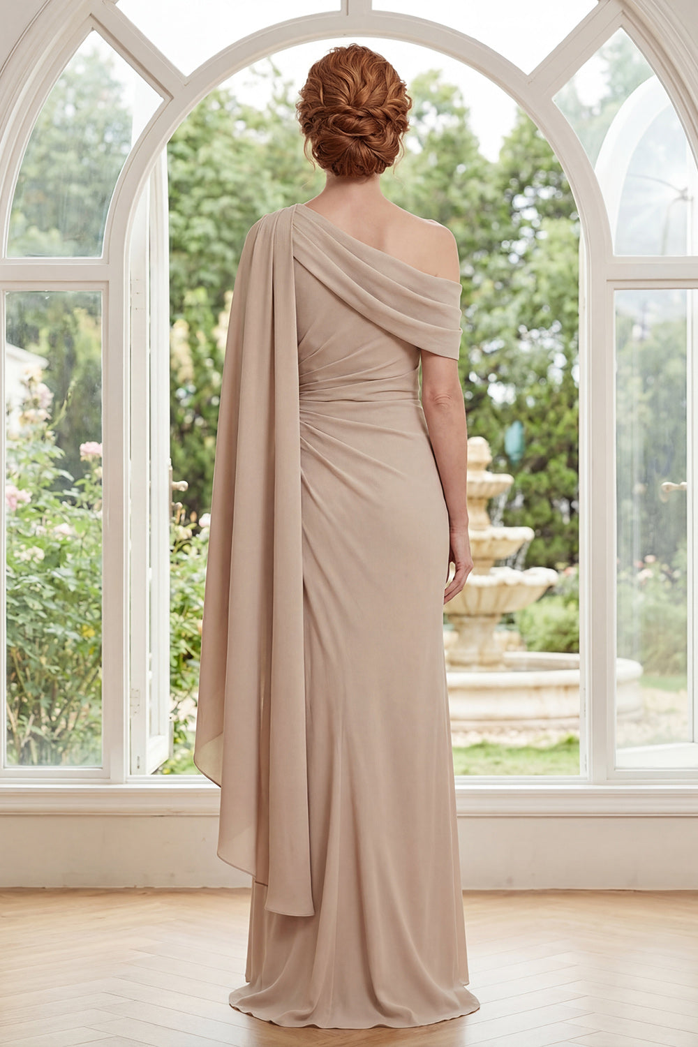 Asymmetrical Neck Champagne Ruched Mother of the Bride Dress