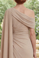 Asymmetrical Neck Champagne Ruched Mother of the Bride Dress