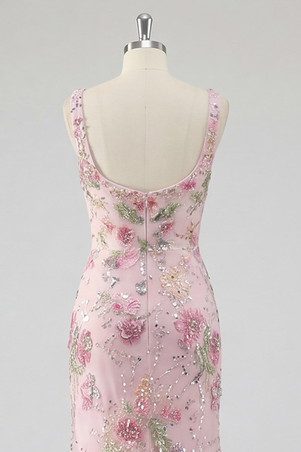 Pink Floral Sequin Square Neck Mermaid Maxi Prom Dress