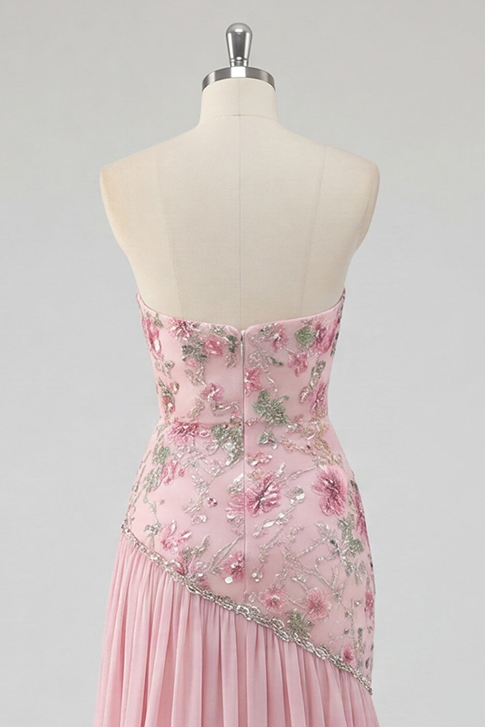 Strapless Pink Floral Sequin Prom Dress with Silt