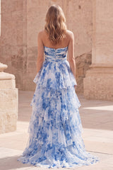 Strapless White Blue Floral Ruffled Prom Dress with Slit
