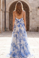 Ruffled White Blue Spaghetti Straps Floral A Line Prom Dress