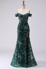 Sparkly Dark Green Off the Shoulder Mermaid Prom Dress with Slit