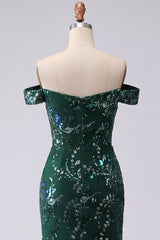 Sparkly Dark Green Off the Shoulder Mermaid Prom Dress with Slit