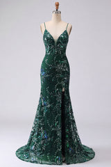 Sparkly Dark Green Appliqued Mermaid Prom Dress with Slit