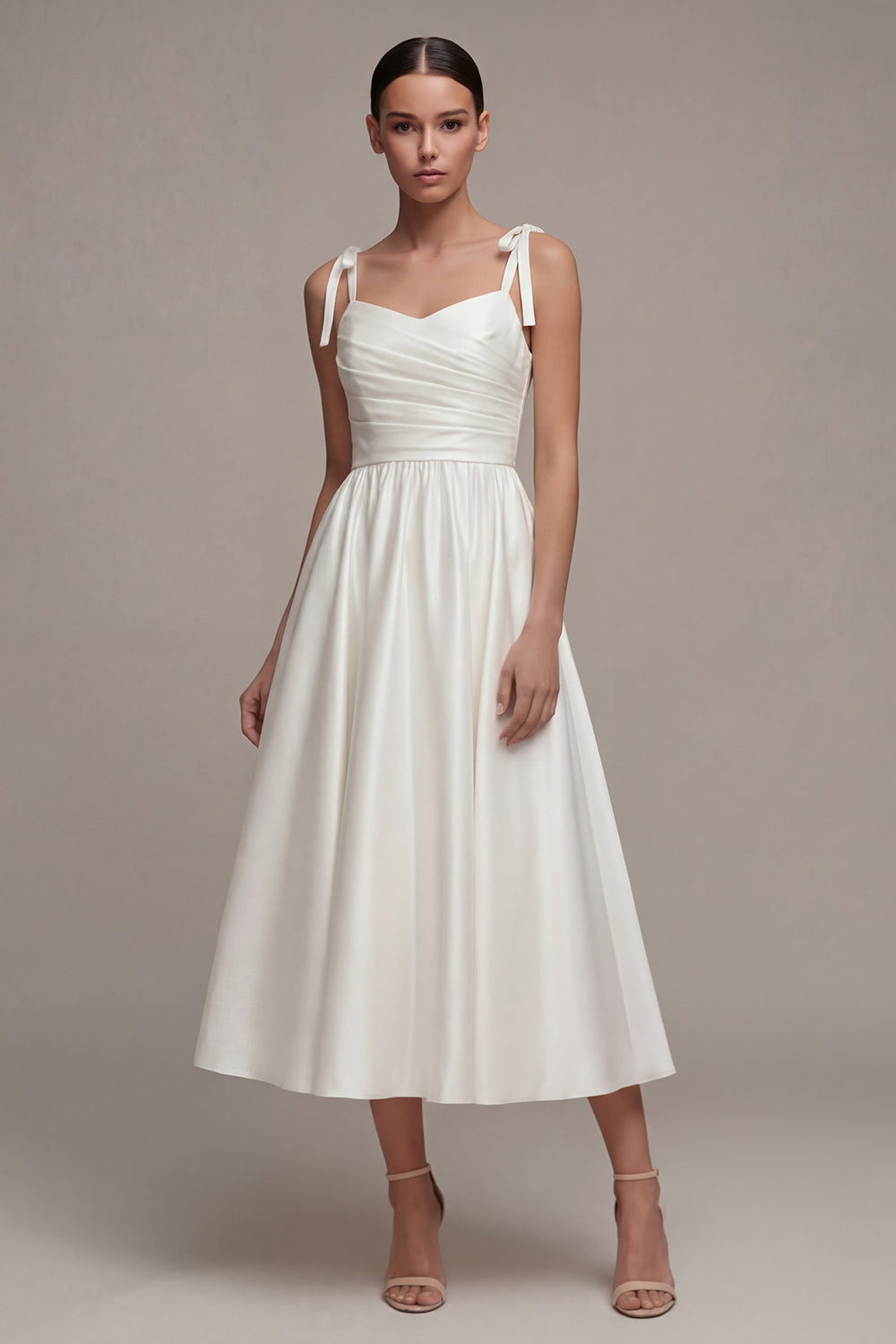 A Line Satin Ruched White Midi Engagement Dress