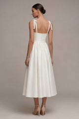 A Line Satin Ruched White Midi Engagement Dress