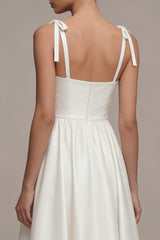 A Line Satin Ruched White Midi Engagement Dress