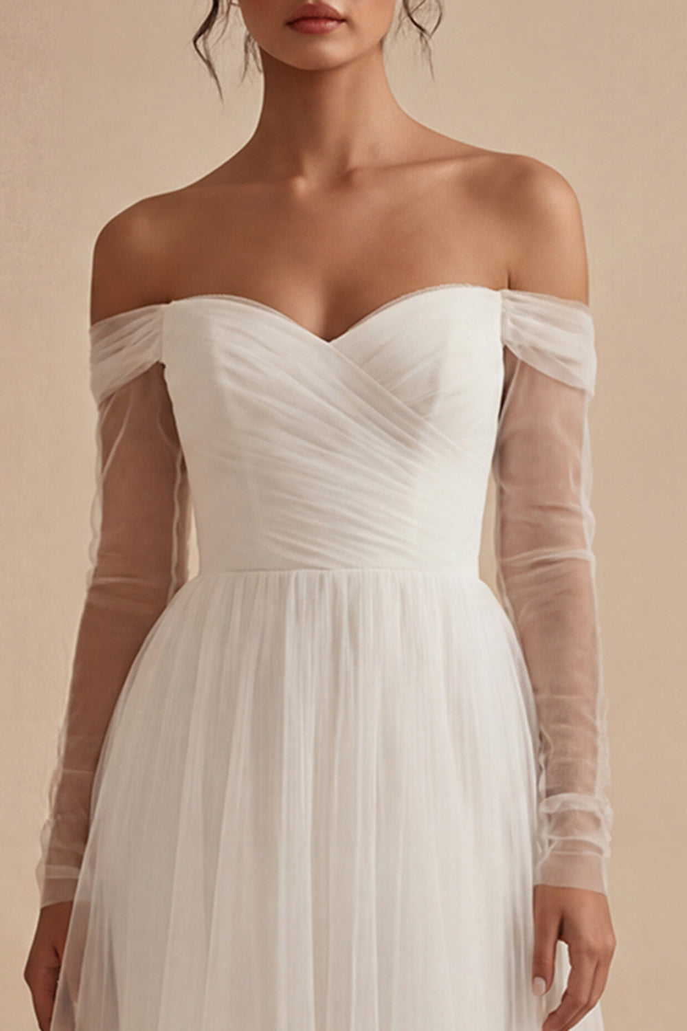 Off the Shoulder Tulle A Line White Ruched Engagement Dress