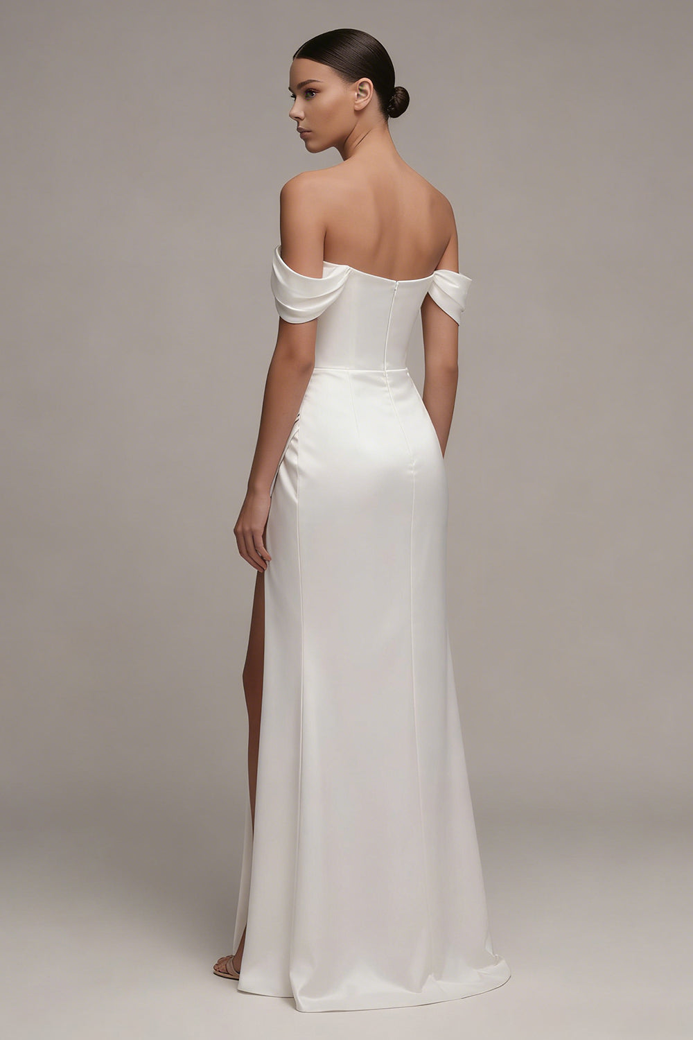 Off the Shoulder Satin Ruched White Engagement Dress