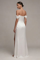 Off the Shoulder Satin Ruched White Engagement Dress