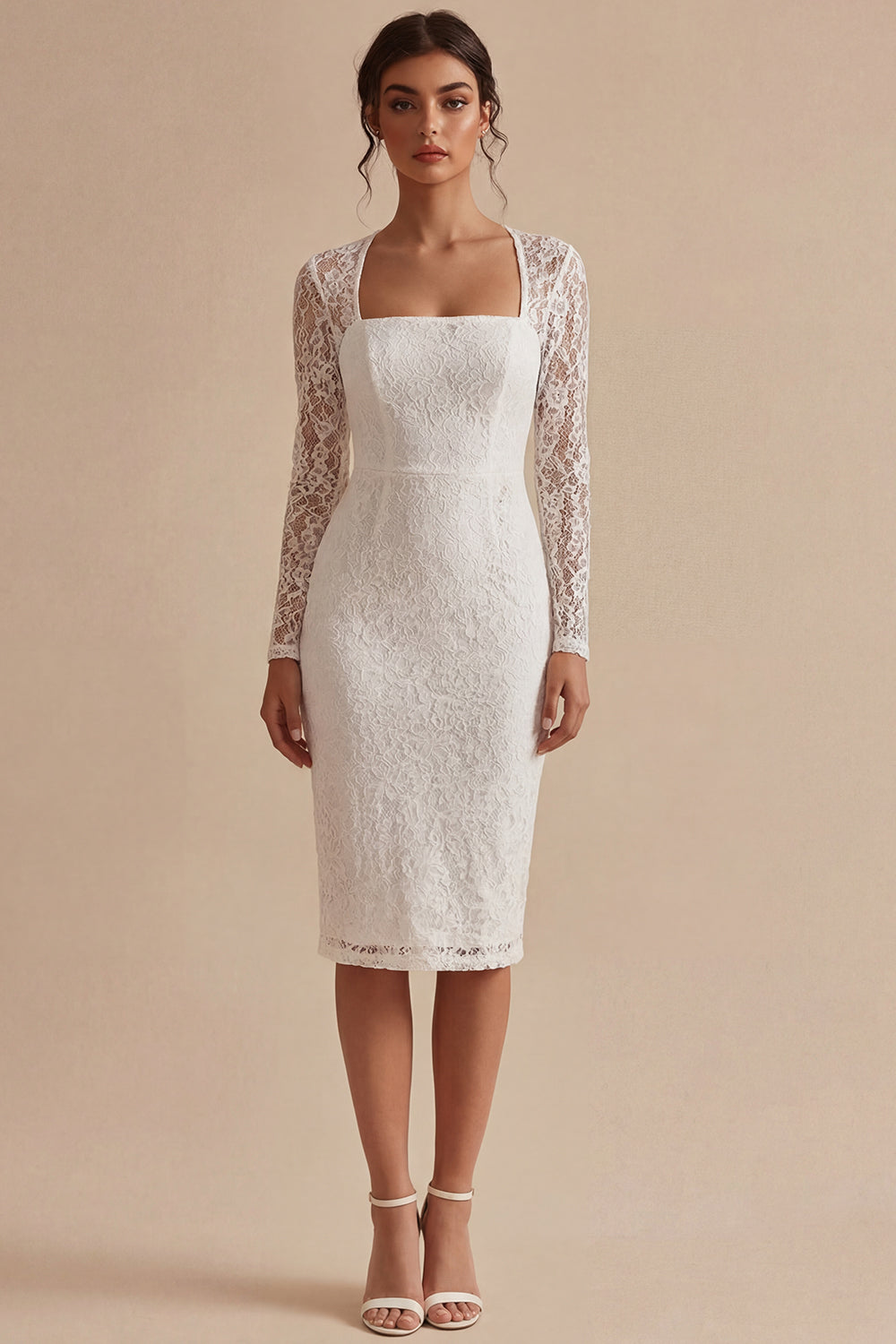 White Lace Long Sleeve Bodycon Midi Engagement Dress