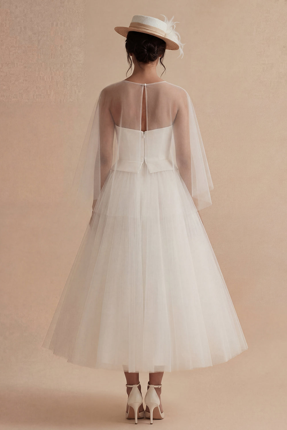 2 Piece White A Line Tulle Midi Engagement Dress