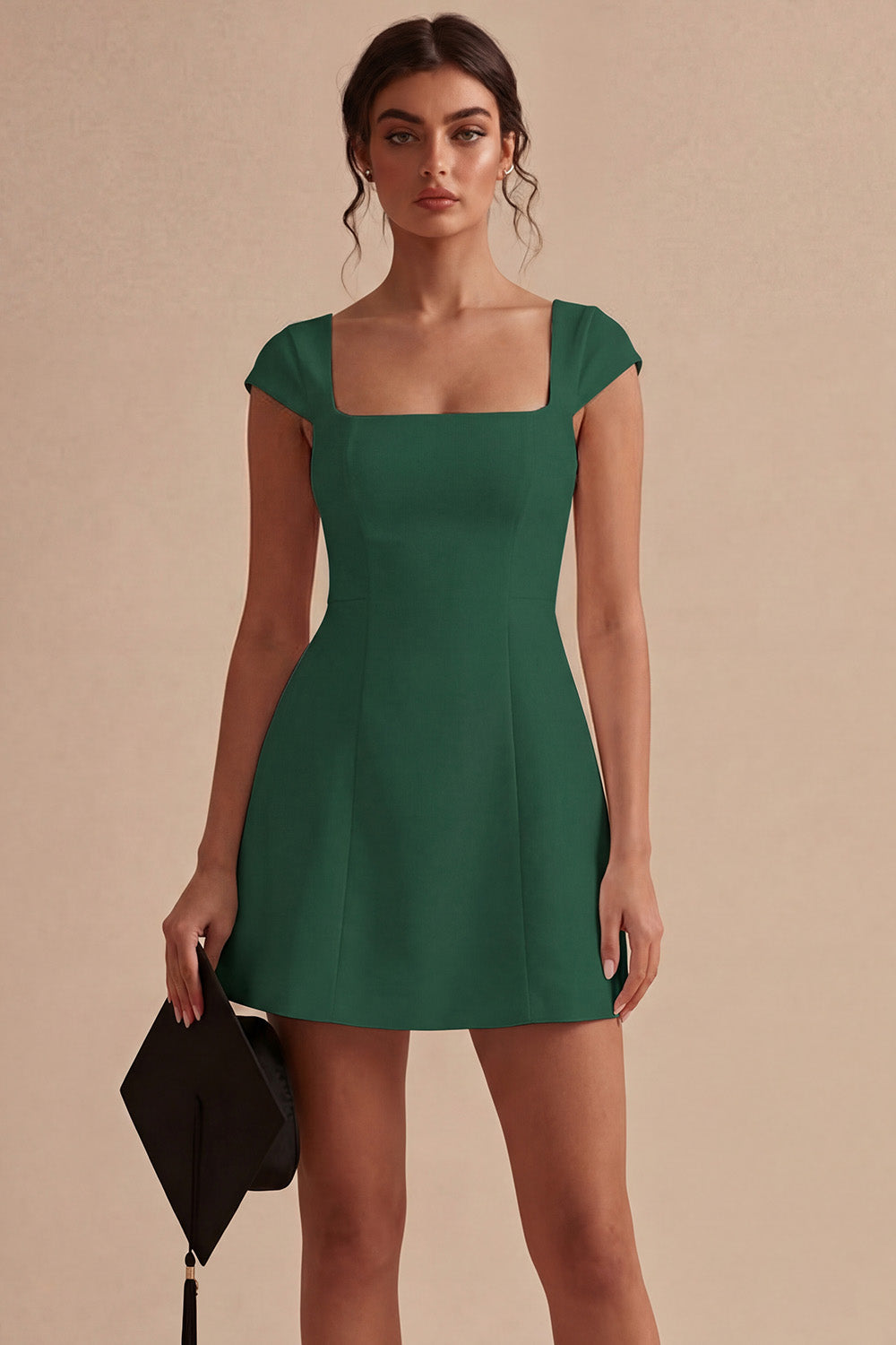 Square Neck A Line Satin Mini White Dress with Cap Sleeves
