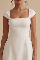 Square Neck A Line Satin Mini White Dress with Cap Sleeves