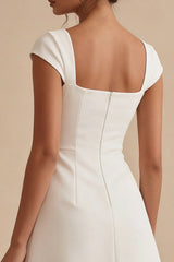 Square Neck A Line Satin Mini White Dress with Cap Sleeves