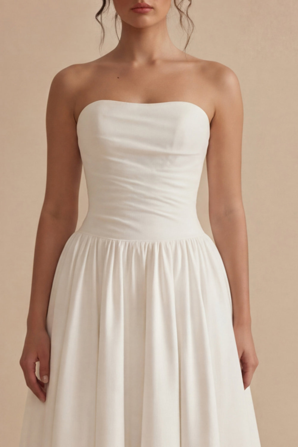 Strapless Satin A Line Pleated Midi White Dress