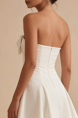 Strapless Bowed A Line Mini White Dress