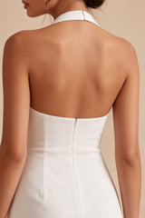 Halter Ruched Bodycon Mini White Dress