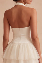 Halter Tiered Tulle Mini White Dress