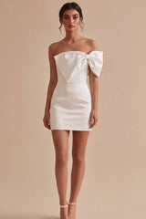 One Shoulder Bowed Satin Bodycon Mini White Dress