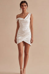 Asymmetrical Neck Ruched Satin Bodycon Mini White Dress