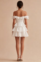 Off the Shoulder Tiered Ruffled Mini White Dress