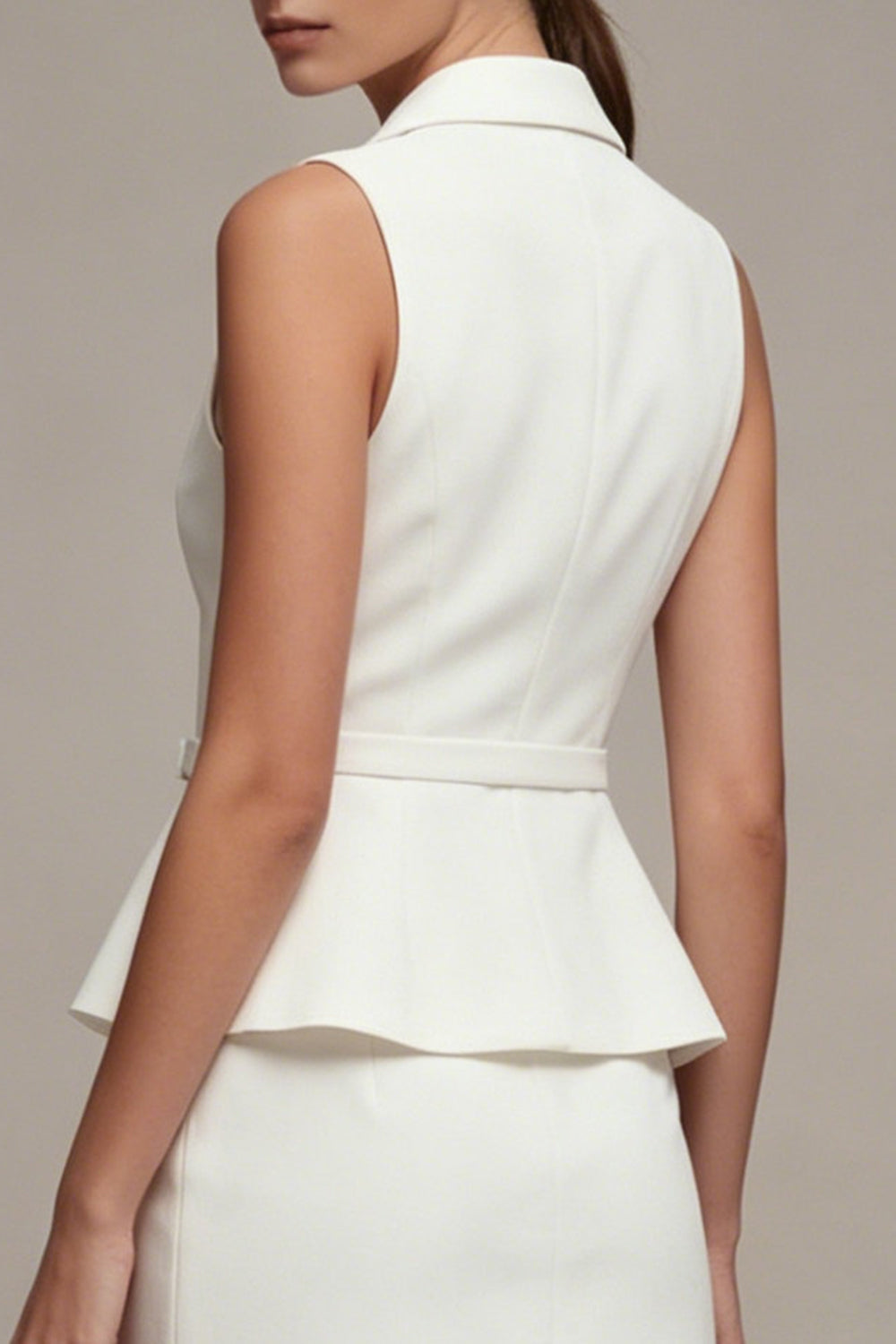 Notched Lapel White 2 Piece Work Dress with Belt