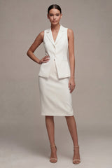 Ivory Notched Lapel 2 Piece Bodycon Midi Work Dress