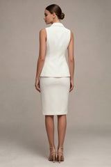 Ivory Notched Lapel 2 Piece Bodycon Midi Work Dress