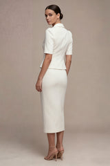 Notched Lapel White 2 Piece Bodycon Midi Work Dress with Short Sleeves