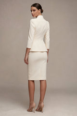 Ivory 2 Piece Single Breasted Bodycon Midi Work Dress with 3/4 Sleeves