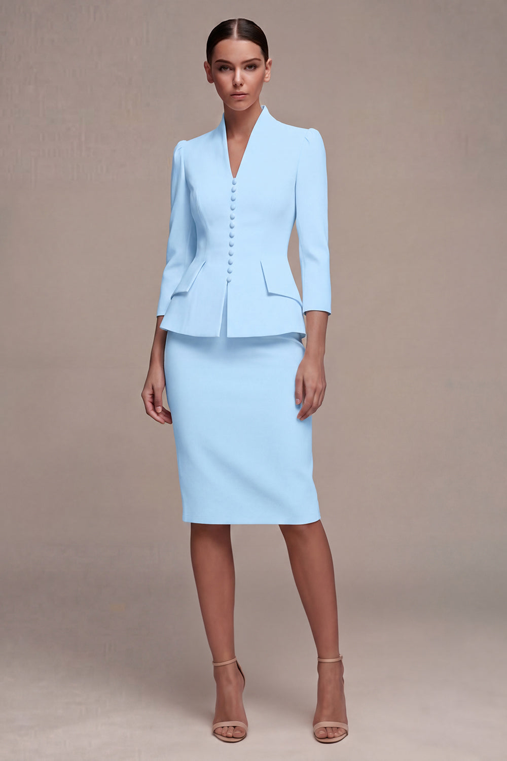 Ivory 2 Piece Single Breasted Bodycon Midi Work Dress with 3/4 Sleeves