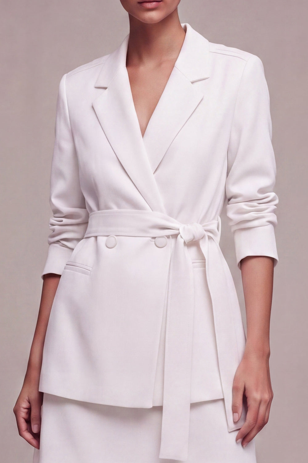 White Notched Lapel 2 Piece A Line Mini Work Dress with Sash