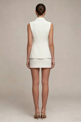 Notched Lapel White 2 Piece Bodycon Pearled Mini Work Dress