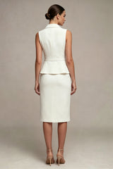 Notched Lapel 2 Piece White Bodycon Work Dress with Belt