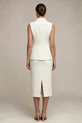 White Pearled Notched Lapel 2 Piece Bodycon Work Dress with Slit